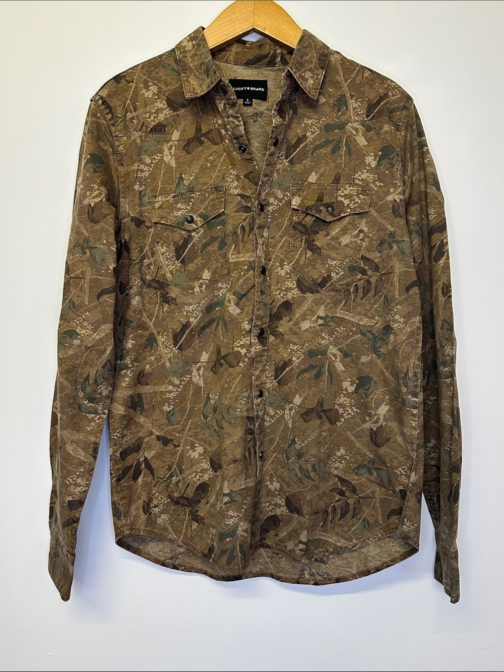 Lucky Brand Brown Olive Camo Print Button-Up Shirt